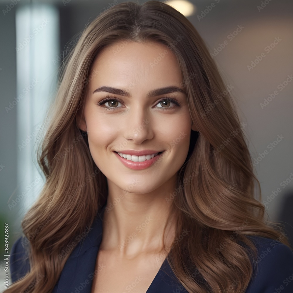 Pretty european beauty woman long hair with makeup glowing face and healthy facial skin portrait smile on isolated office background Pretty european beauty woman long hair with makeup glowing face and healthy facial skin portrait smile on isolated office background