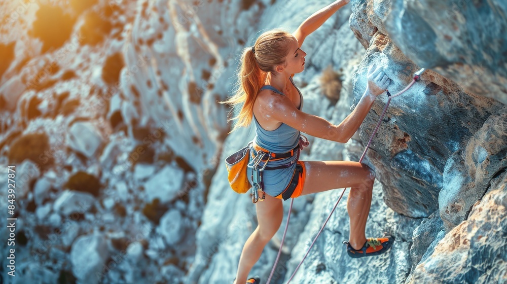 © punniix - A woman climber scaling a rocky cliff, showcasing strength and determination in the beautiful outdoors during a sunny day.