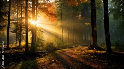 Sunset in the autumn forest. Panoramic view of a path through the forest.