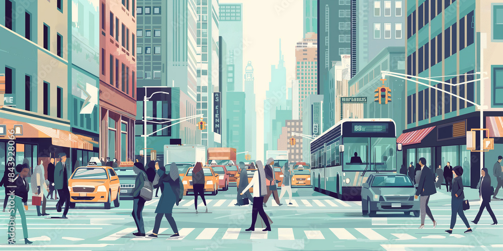 Illustration of a Crowded City Scene with Many People