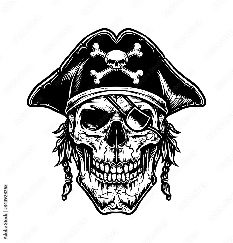 skull, wears pirate hat engraving black and white outline skull, wears pirate hat engraving black and white outline