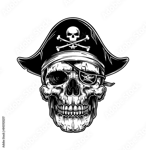 skull, wears pirate hat engraving black and white outline