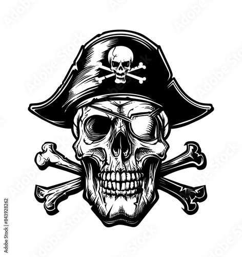 skull, wears pirate hat engraving black and white outline