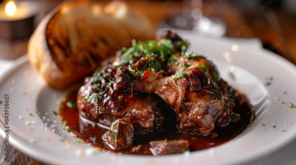 Gourmet dish featuring succulent braised meat with rich sauce, served with toasted bread and garnished with fresh herbs on a white plate. Gourmet dish featuring succulent braised meat with rich sauce, served with toasted bread and garnished with fresh herbs on a white plate.