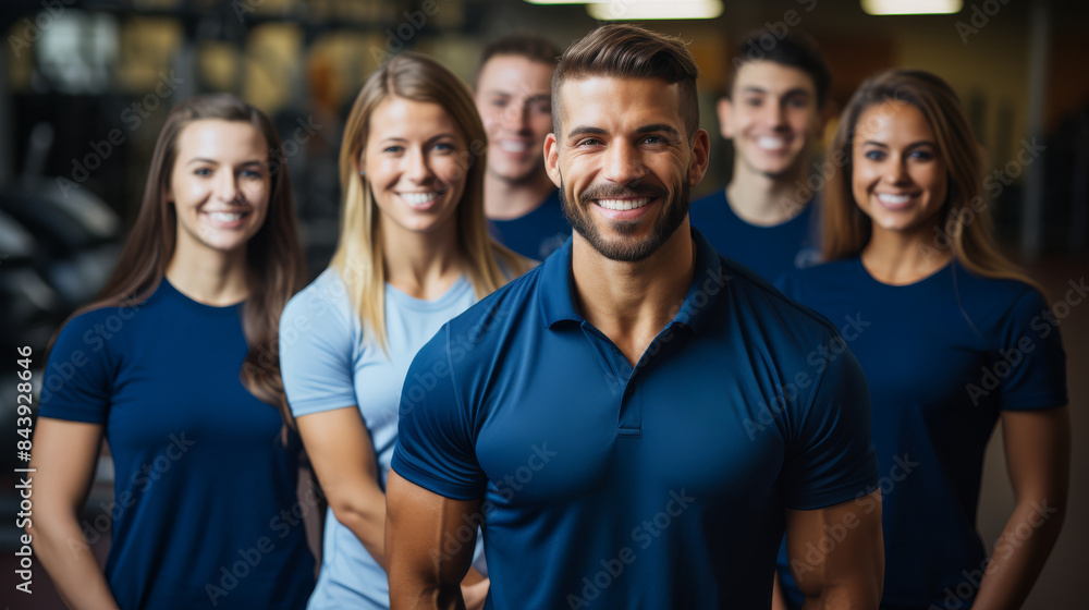 Group of fitness trainers at the gym, smiling and ready to help clients achieve their workout goals. Group of fitness trainers at the gym, smiling and ready to help clients achieve their workout goals.