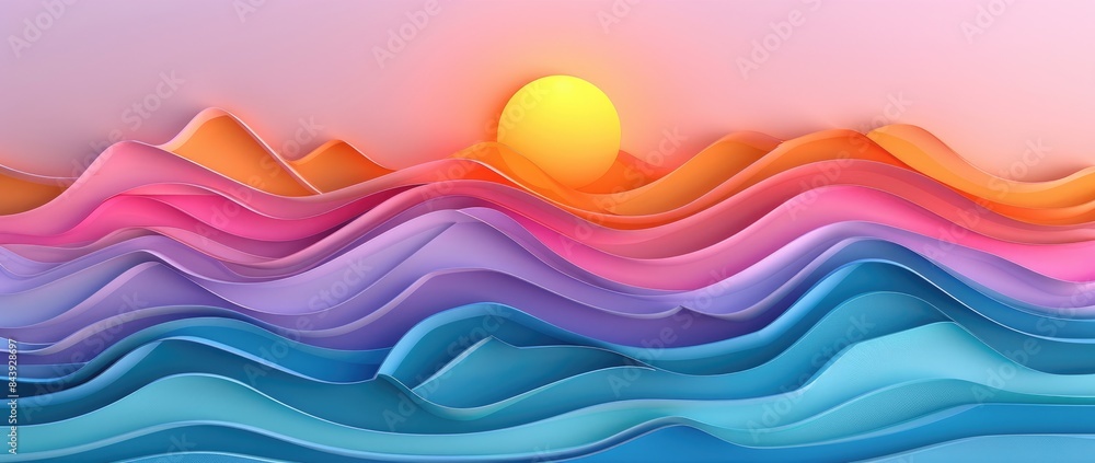 Abstract waves with sunset, colorful layered paper art in the style of paper cutout, wavy lines Abstract waves with sunset, colorful layered paper art in the style of paper cutout, wavy lines