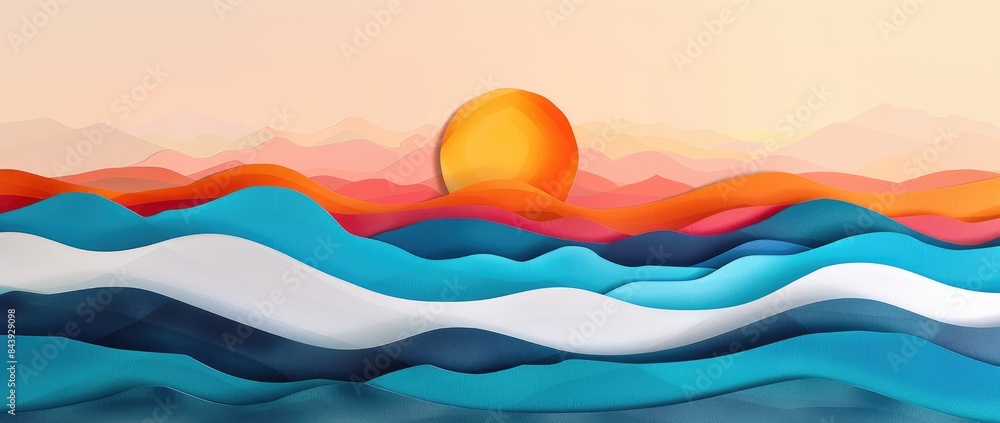 Abstract sunrise over wavy hills, layered paper art style, vibrant colors Abstract sunrise over wavy hills, layered paper art style, vibrant colors