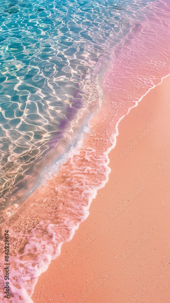 Fototapeta premium Pristine tropical shore with clear lavender waters and soft peach sands, featuring ample area for text, perfect for summer travel ads.