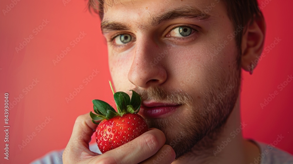 A person posing with a strawberry for a picture A person posing with a strawberry for a picture