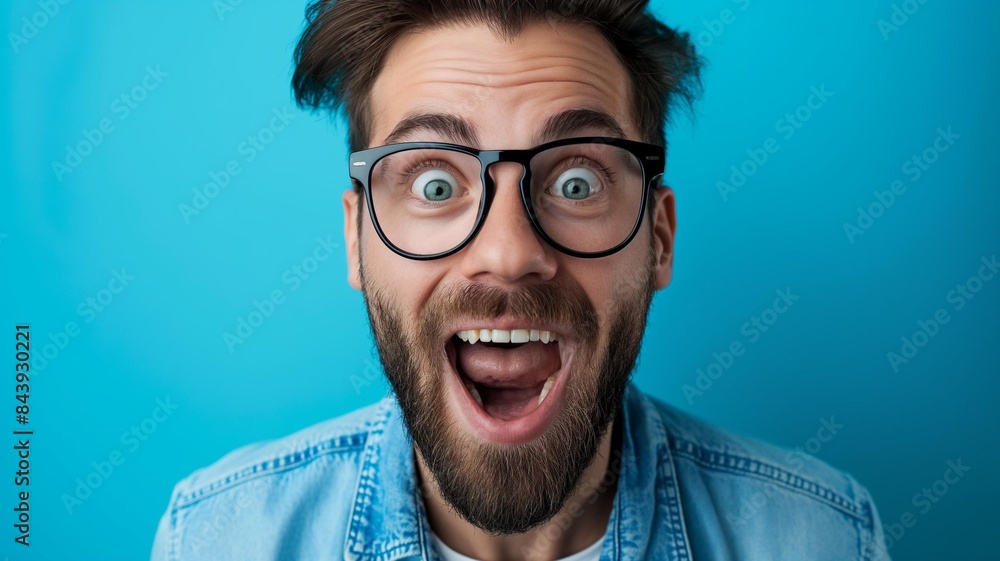 Excited Man with Glasses Expressing Joy, Close-Up Portrait of Excited Man on Blue Background. Generative AI Excited Man with Glasses Expressing Joy, Close-Up Portrait of Excited Man on Blue Background. Generative AI