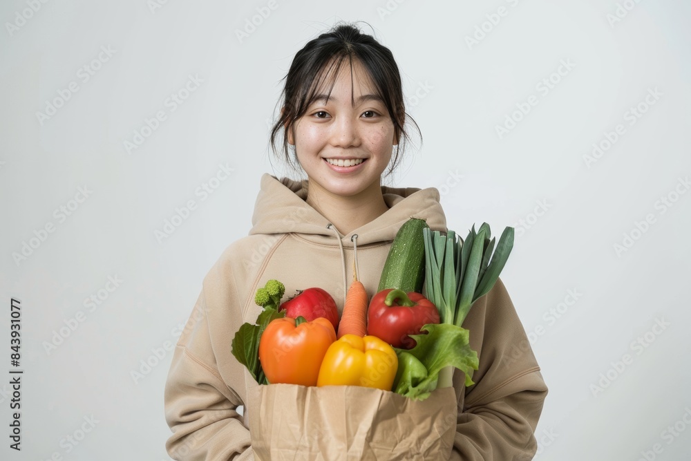 asian woman in beige hoodie with paper bag full of vegetables standing isolated on white gray background smiling after grocery shopping at eco market, 0km food concept copy space asian woman in beige hoodie with paper bag full of vegetables standing isolated on white gray background smiling after grocery shopping at eco market, 0km food concept copy space