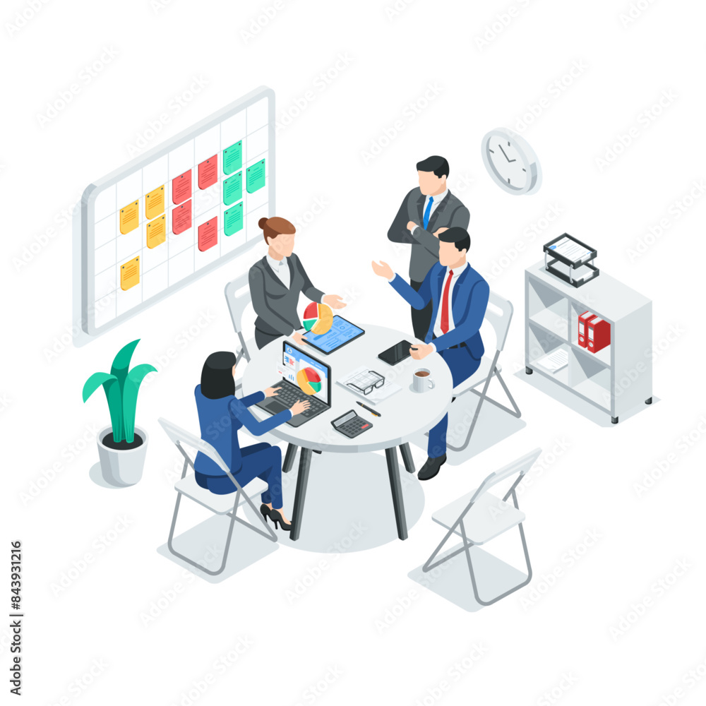 isometric vector business people at a round table in the office discussing business issues, in color on a white background, brainstorming teamwork isometric vector business people at a round table in the office discussing business issues, in color on a white background, brainstorming teamwork