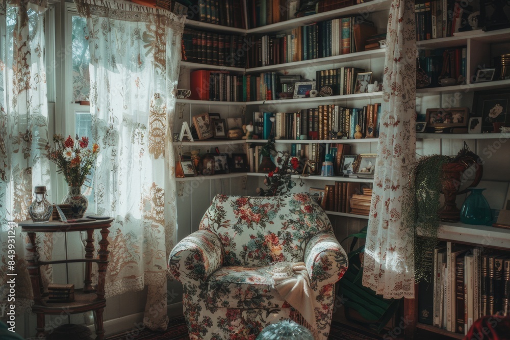 Obraz premium rustic cottage interior and shabby chic style house with armchair and bookshelf, slow living concept