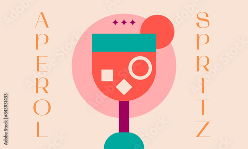Glass of aperol spritz.Summer cocktail aperitif with oranges and ice cubes. Summer cocktail print.Aperol spritz geometric style. Vector illustration EPS 10