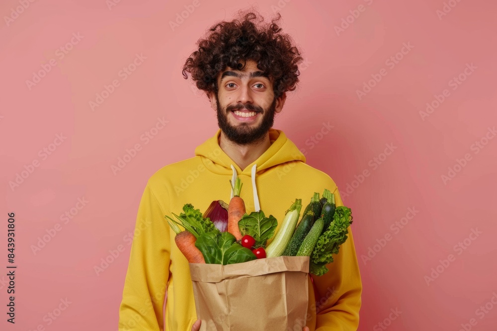 hipster vegan bearded guy in yellow hoodie smiling and holding carton paper bag with green fresh vegetables standing on minimal peach fuzz pink background with copy space left hipster vegan bearded guy in yellow hoodie smiling and holding carton paper bag with green fresh vegetables standing on minimal peach fuzz pink background with copy space left