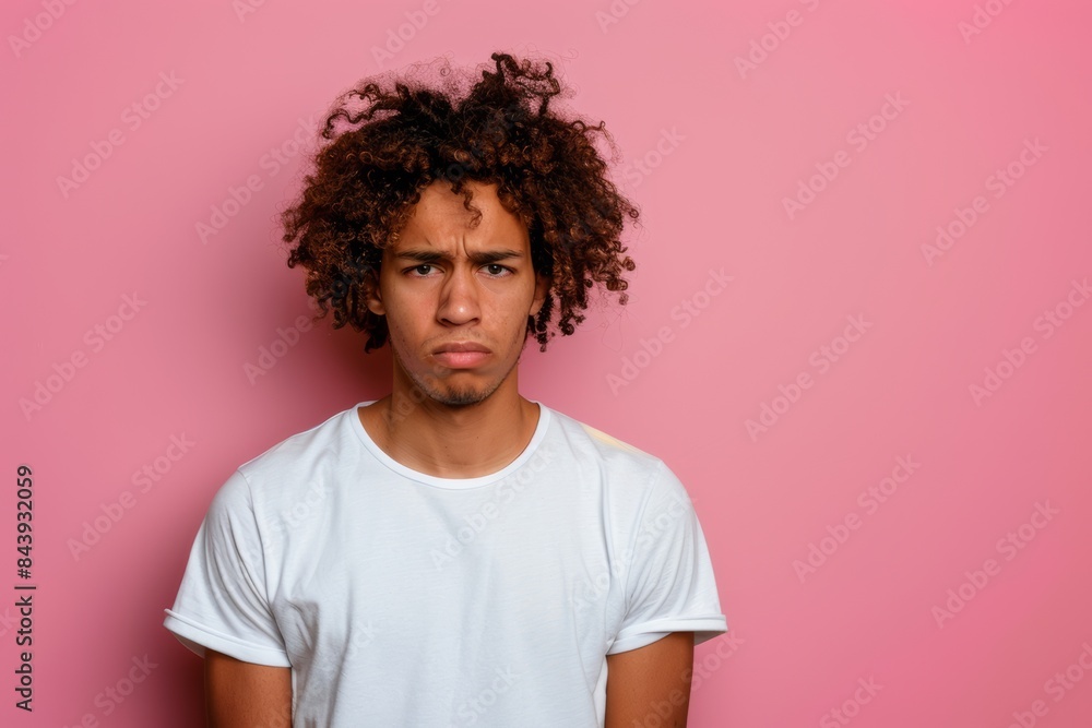 diverse millennial or gen z guy with curly hair looking disappointed or irritated wearing white t-shirt isolated on pink background mock up template diverse millennial or gen z guy with curly hair looking disappointed or irritated wearing white t-shirt isolated on pink background mock up template