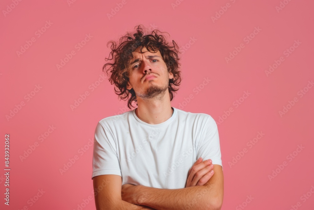 diverse millennial or gen z guy with curly hair looking disappointed or irritated wearing white t-shirt isolated on pink background mock up template diverse millennial or gen z guy with curly hair looking disappointed or irritated wearing white t-shirt isolated on pink background mock up template