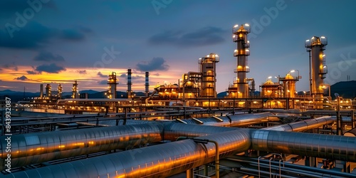 Oil refinery at dusk with illuminated pipes and towers processing energy resources. Concept Engineering, Technology, Industrial, Energy, Dusk
