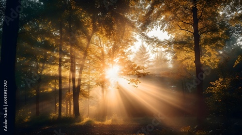 Autumn forest with sunbeams and lens flare. Panorama © Iman