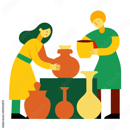 Two people working with clay on a pottery wheel.