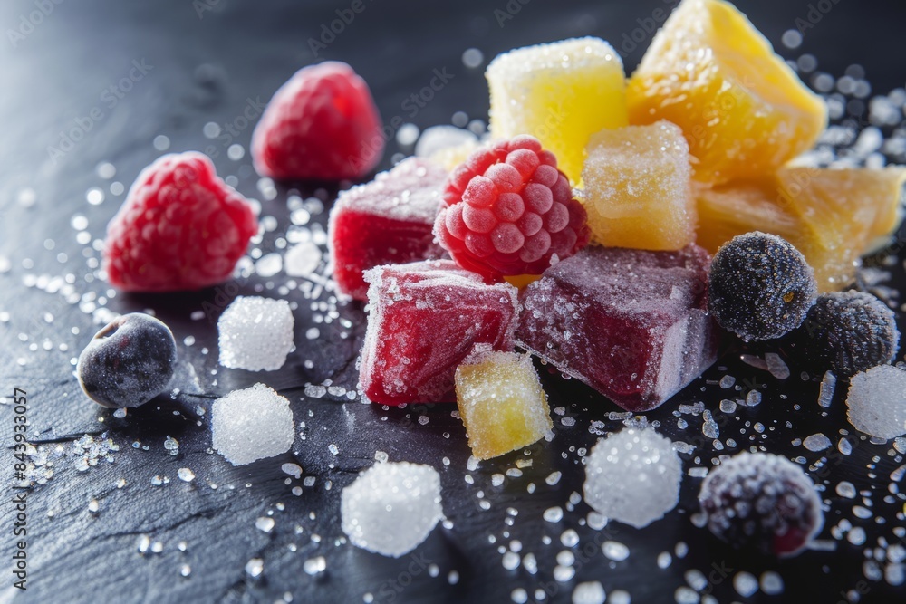 glucose and sugar consumption concept. Diabetes. Frozen fruit and berries and sweet cubes on black background glucose and sugar consumption concept. Diabetes. Frozen fruit and berries and sweet cubes on black background