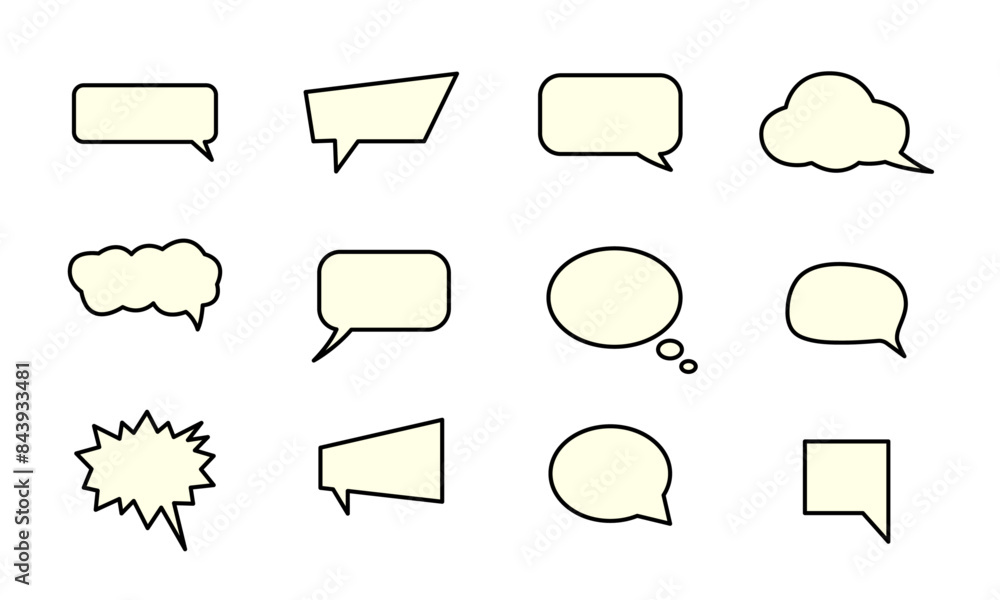 Call out bubble or callout speech balloon set in light yellow color. Callout bubble or callout speech balloon set in yellow color stroke style. Vector speech clouds chat bubble icon. Call out bubble or callout speech balloon set in light yellow color. Callout bubble or callout speech balloon set in yellow color stroke style. Vector speech clouds chat bubble icon.