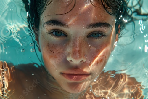 Young Woman Swimming in Water Pool