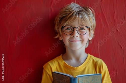 Smiling Boy Reading Book Against Red Wall
