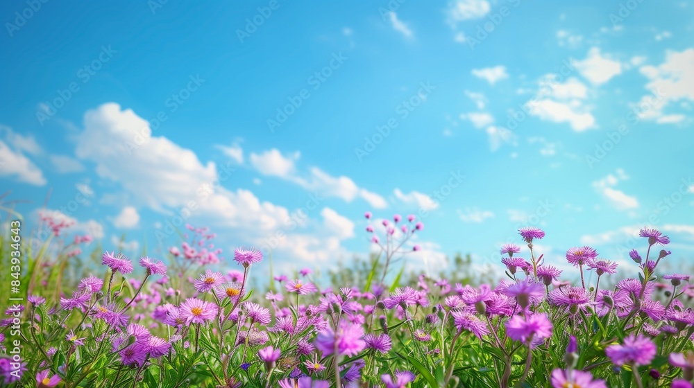 Summer meadow scene with purple asters and a backdrop of clear blue skies, perfect for copy space for text Summer meadow scene with purple asters and a backdrop of clear blue skies, perfect for copy space for text