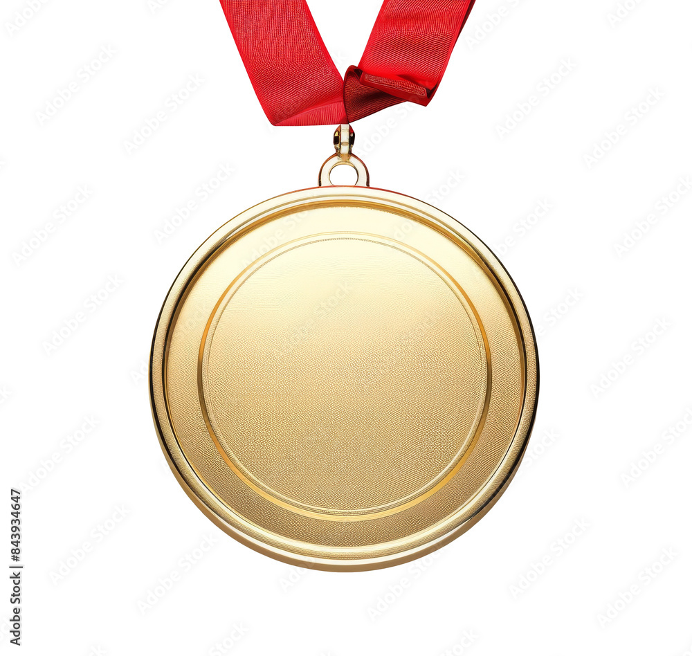 Gold Medal with Detailed Edge and red Ribbon, Close-up of a textured gold medal with a detailed edge, complemented by a yellow ribbon, representing prestige and success, isolated on white. Gold Medal with Detailed Edge and red Ribbon, Close-up of a textured gold medal with a detailed edge, complemented by a yellow ribbon, representing prestige and success, isolated on white.