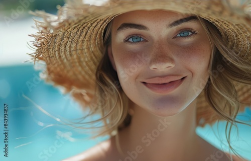 Young Woman With Straw Hat Smiling by Pool on Sunny Day