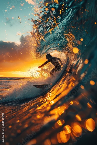 Surfer riding a wave at sunset, beautifully illuminated by golden light creating a stunning and dynamic capture of ocean adventure.