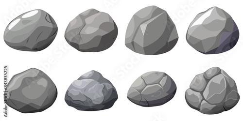 Rock stone set cartoon. Cobble stone game objects. Three dimensional stones and rocks element, isometric 3d flat style. Mountain grey stones. Vector grey rock stone, isolated on white background. 