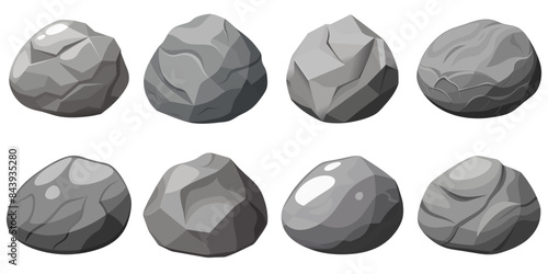 Rock stone set cartoon. Cobble stone game objects. Three dimensional stones and rocks element, isometric 3d flat style. Mountain grey stones. Vector grey rock stone, isolated on white background. 