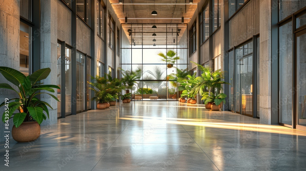 Modern Office Interior with Plants and Natural Light in Long Corridor Modern Office Interior with Plants and Natural Light in Long Corridor