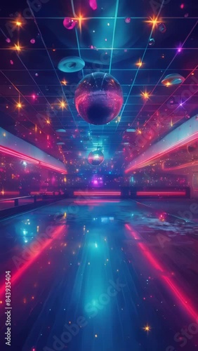 Neon colored room with large disco ball hanging from ceiling