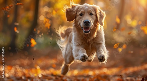 Golden Retriever Dog Jumping Through Autumn Leaves