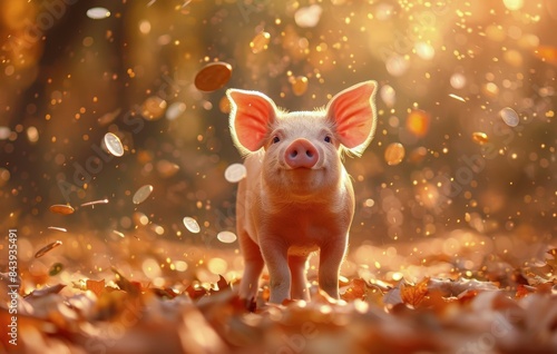 Pink Piggy Bank Smiling in Autumn Leaves With Coins Falling