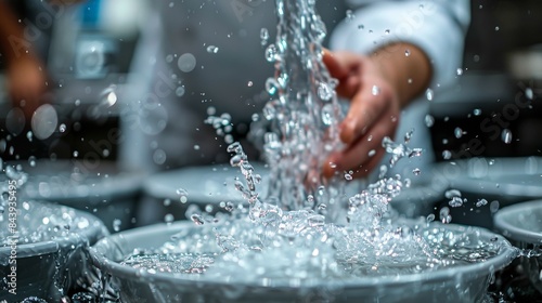 A detailed close-up showing the dynamic movement of water as it splashes onto kitchenware