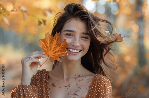 Young Woman Holding Autumn Leaf in Forest