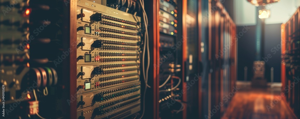 Obraz premium Server room interior. Modern server and communications. Data storage. Rows of telecommunications racks. Communication node, server. Database, local network