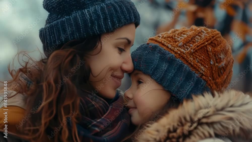 Woman and child are hugging each other, both wearing hats Woman and child are hugging each other, both wearing hats