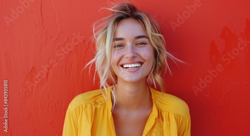 Smiling Woman in Yellow Shirt Against Red Wall