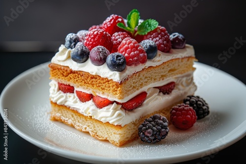 Delicious Slice of Layered Cake Topped With Fresh Berries and Whipped Cream