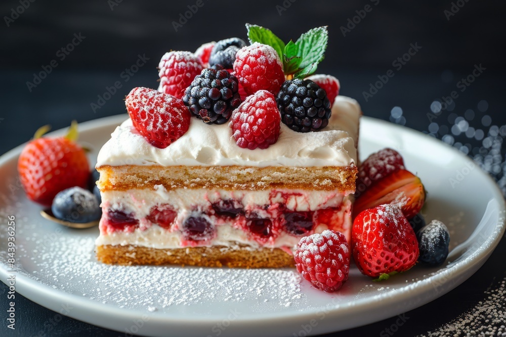 Delicious Slice of Layered Cake Topped With Fresh Berries and Whipped Cream Delicious Slice of Layered Cake Topped With Fresh Berries and Whipped Cream