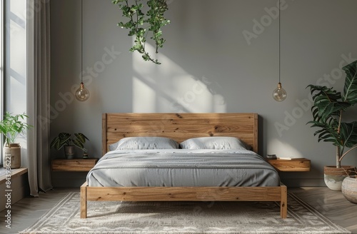 Modern Bedroom Interior With Wooden Bed and Hanging Lamps