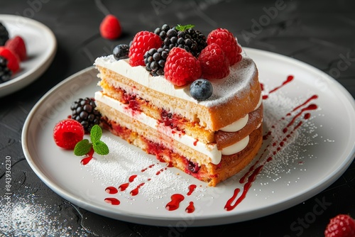 Delicious Slice of Layered Cake Topped With Fresh Berries and Whipped Cream