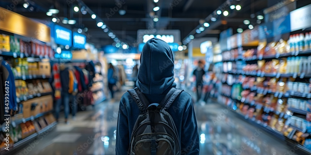 Person in hoodie in store representing retail security and loss prevention measures. Concept Retail Security, Loss Prevention, Store Surveillance, Employee Monitoring Person in hoodie in store representing retail security and loss prevention measures. Concept Retail Security, Loss Prevention, Store Surveillance, Employee Monitoring