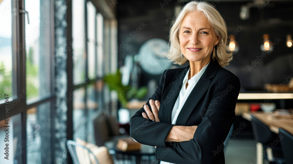 Portrait of mature business woman with arms crossed looking at camera. Happy smiling mid businesswoman standing in office with copy space. Confident caucasian woman in suit. Business owner, coach Portrait of mature business woman with arms crossed looking at camera. Happy smiling mid businesswoman standing in office with copy space. Confident caucasian woman in suit. Business owner, coach