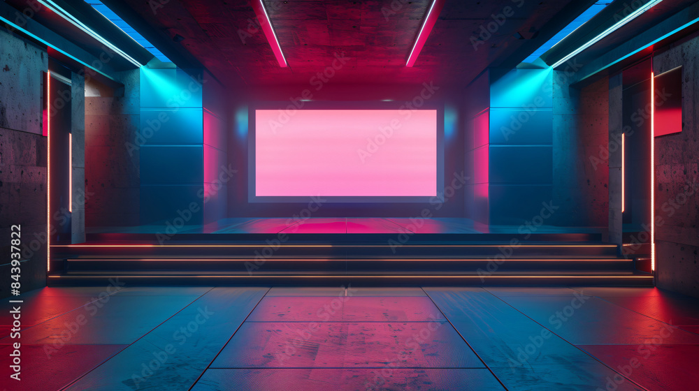 Vibrant sci-fi tunnel with illuminated neon lights and large screen, conveying a high-tech atmosphere Vibrant sci-fi tunnel with illuminated neon lights and large screen, conveying a high-tech atmosphere
